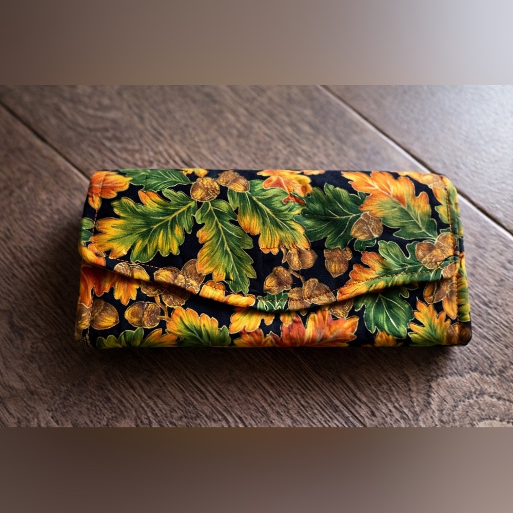 Handmade Fabric Wallet Clutch Fall Leaves Acorns Print Autumn Wallet